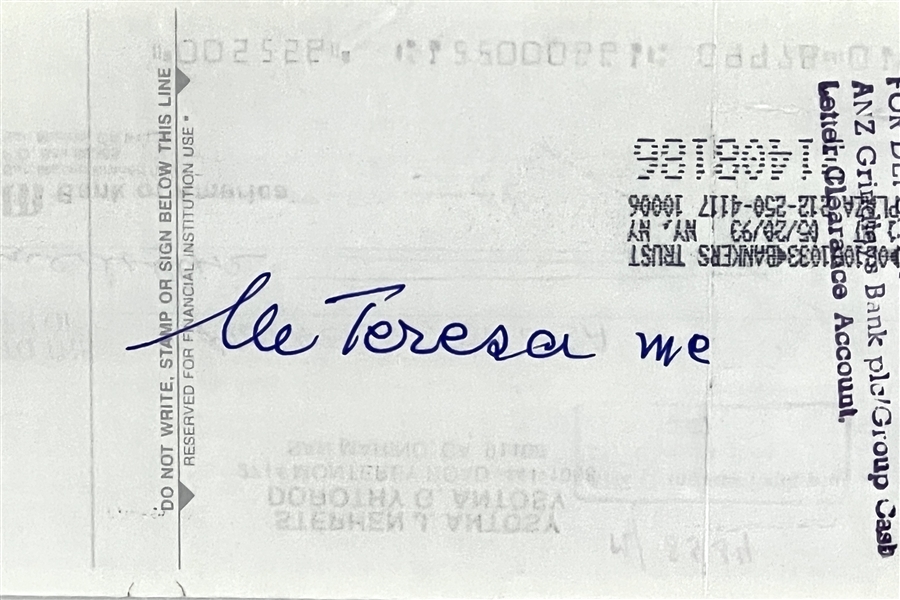 Mother Teresa 1993 Signed Endorsed Check (PSA Encapsulated & Graded MINT 9) 