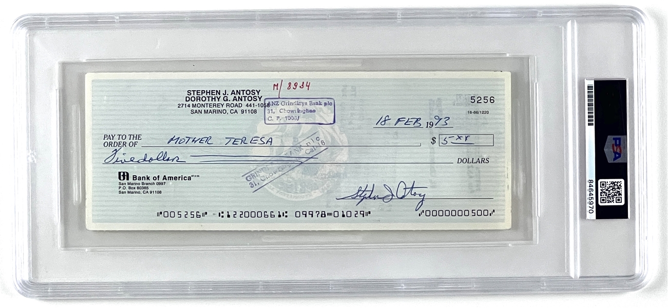 Mother Teresa 1993 Signed Endorsed Check (PSA Encapsulated & Graded MINT 9) 