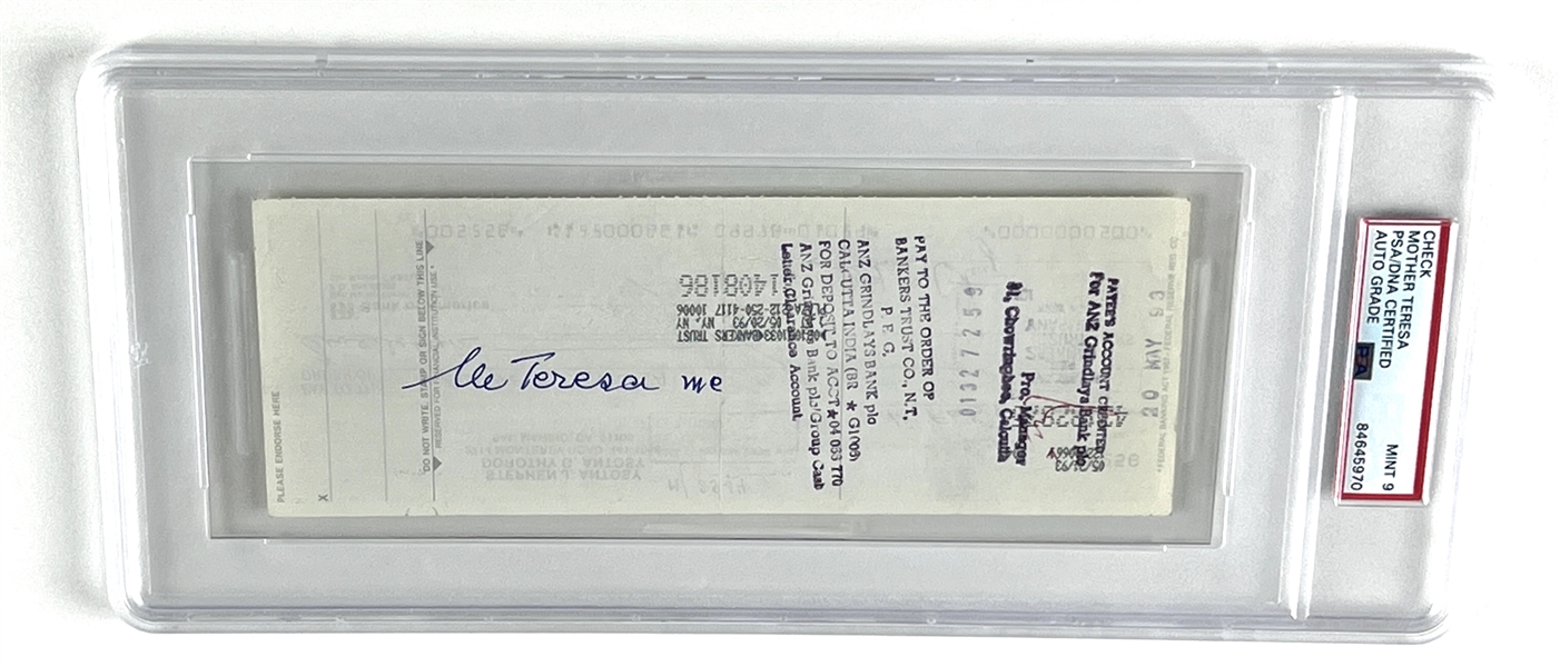 Mother Teresa 1993 Signed Endorsed Check (PSA Encapsulated & Graded MINT 9) 