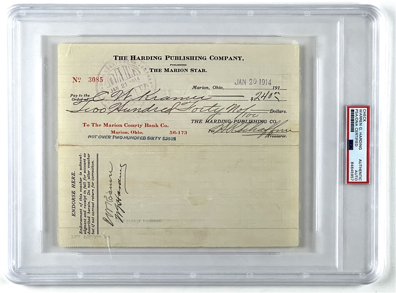 Warren G. Harding Signed Check Voucher (PSA Encapsulated)