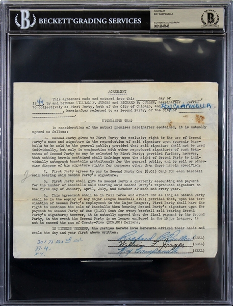 Roy Campanella Signed 1949 Merchandising Contract with Pre-Accident Signature (Beckett/BAS Encapsulated)