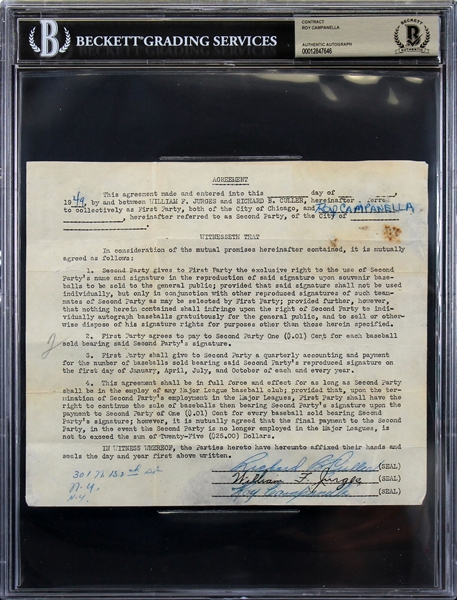 Roy Campanella Signed 1949 Merchandising Contract with Pre-Accident Signature (Beckett/BAS Encapsulated)
