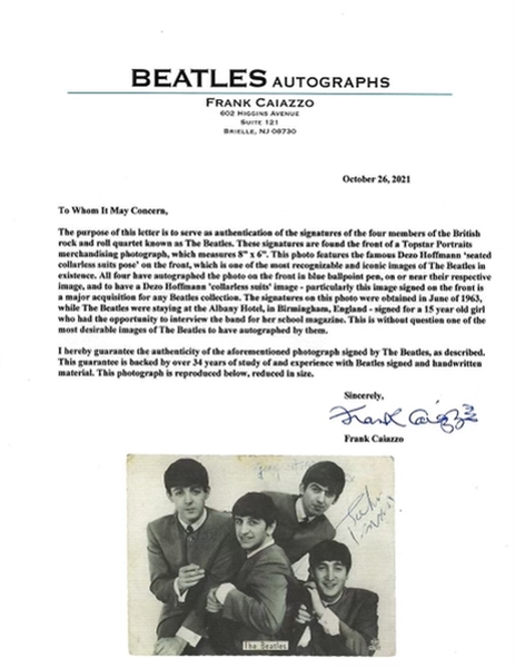 The Beatles Group Signed 6 x 8 Dezo Hoffman Photograph - The Classic Seated Suit Pose! (Beckett/BAS Encapsulated & Caiazzo LOA)