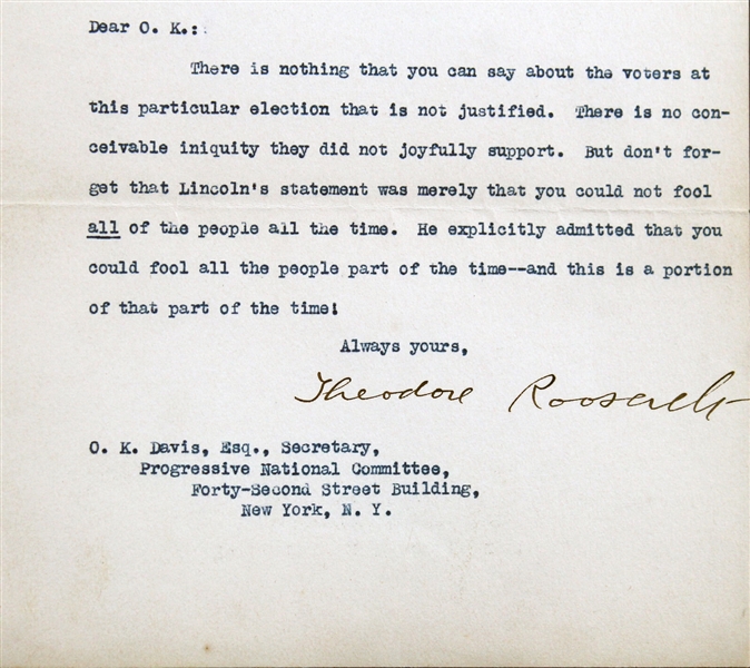 President Theodore Roosevelt Amazing Typed Letter with Abraham Lincoln Quote Reference (Beckett/BAS LOA)
