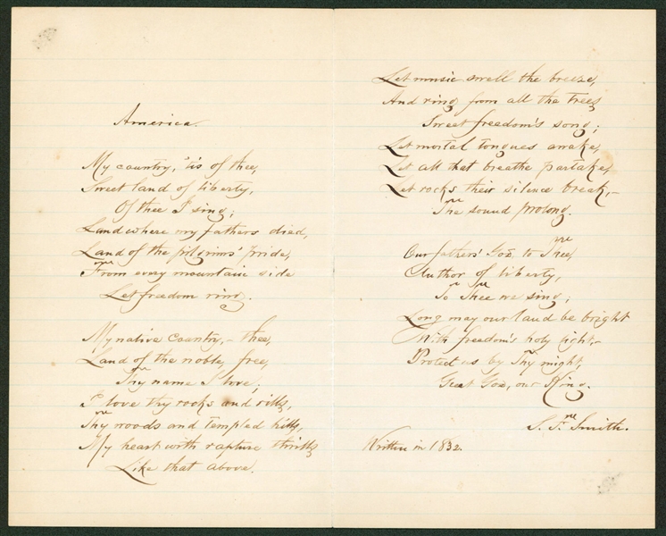 Samuel Francis Smith Handwritten & Signed Lyrics for America (My Country Tis of Thee) (Beckett/BAS LOA)
