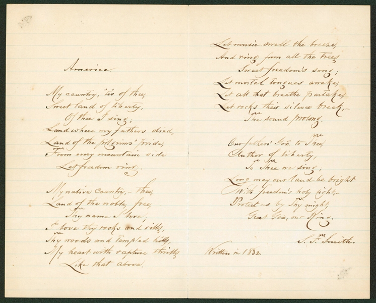 Samuel Francis Smith Handwritten & Signed Lyrics for America (My Country Tis of Thee) (Beckett/BAS LOA)