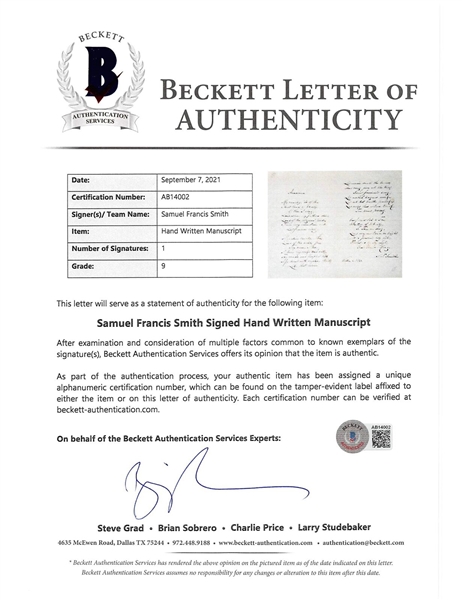 Samuel Francis Smith Handwritten & Signed Lyrics for America (My Country Tis of Thee) (Beckett/BAS LOA)