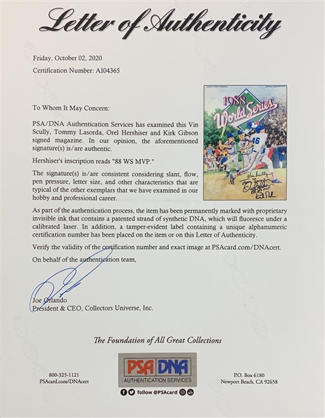 1988 World Series Program Signed by Dodger Greats Incl. Scully, Lasorda, Gibson & Hershiser! (PSA LOA)