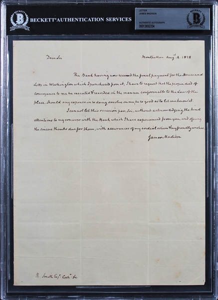 President James Madison RARE 1828 Handwritten & Signed Letter (Beckett/BAS Encapsulated)