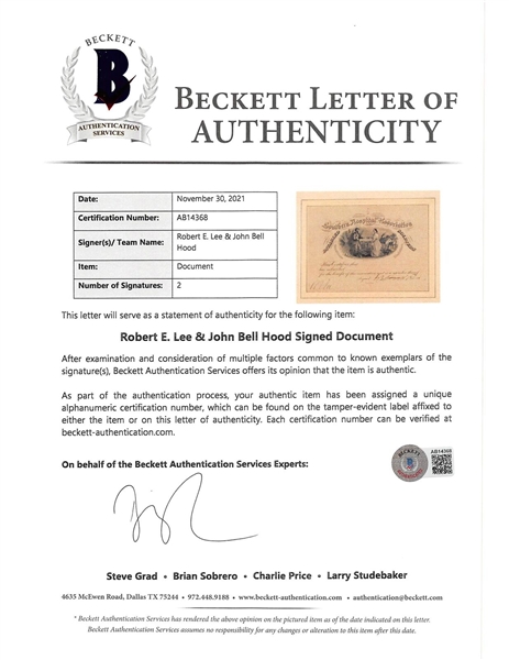 Civil War: Robert E. Lee & John Bell Hood Dual Signed Disabled Soldiers Membership Certificate (Beckett/BAS LOA)