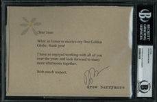 Drew Barrymore Typed Signed Note Celebrating Golden Globe Award (Beckett/BAS Encapsulated)