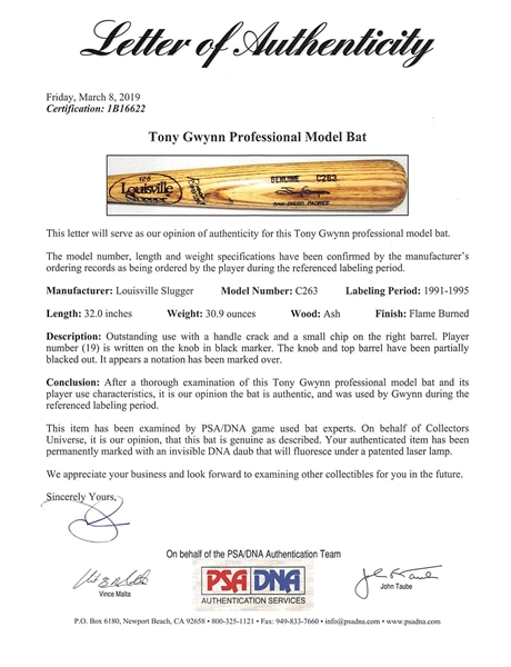 Tony Gwynn C. 1991-95 Game Used Louisville Slugger C263 Personal Model Bat (PSA/DNA LOA)