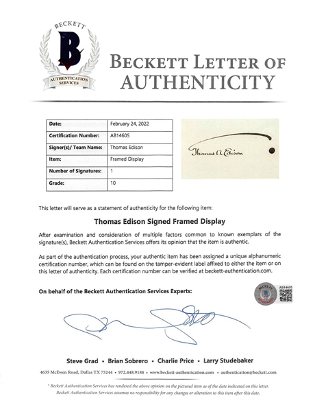 Thomas Edison Superb Signed Cut Segment in Custom Framed Display :: Beckett/BAS GEM MINT 10 Auto!