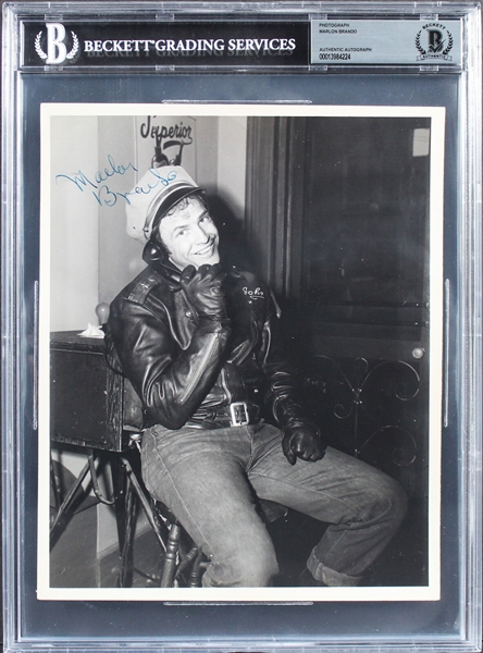 Marlon Brando Signed 8 x 10 Vintage B&W Photo from The Wild One Set  (Beckett/BAS Encapsulated)