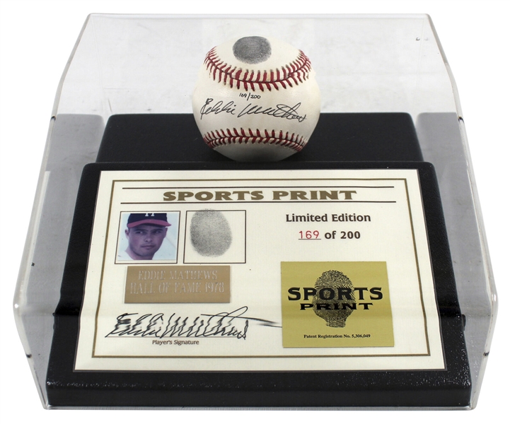 Eddie Mathews Signed Limited Edition ONL Baseball with Original Thumbprint in Custom Display (Beckett/BAS COA)