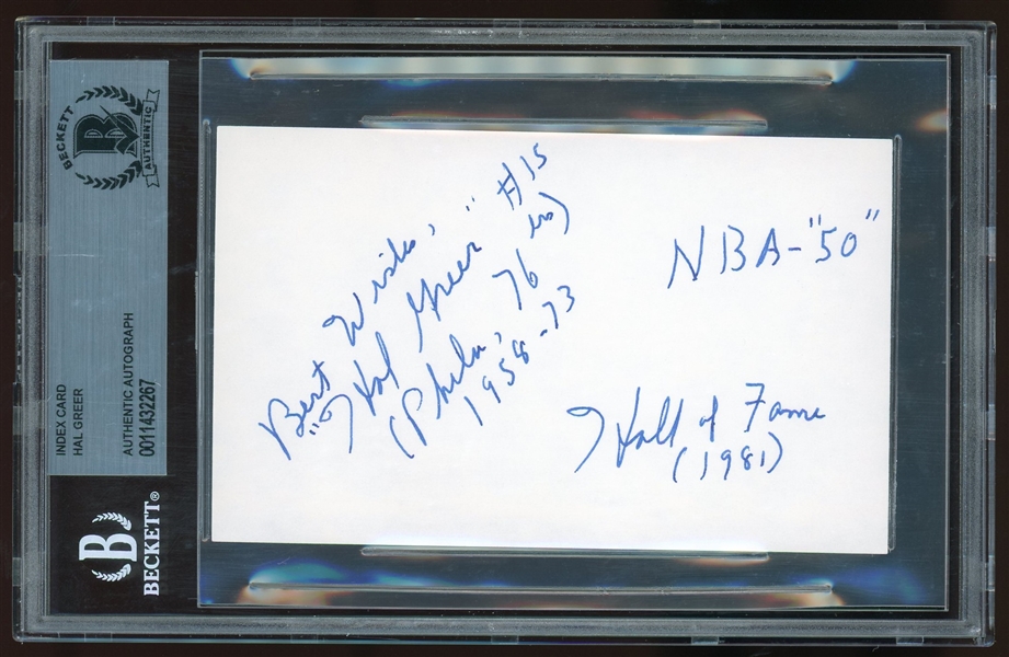 HOF Hal Greer Signed & Inscribed 3" x 5" Index Card (Beckett/BAS Encapsulated) 