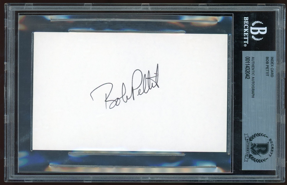 Bob Pettit Signed 3" x 5" Index Card (Beckett/BAS Encapsulated)