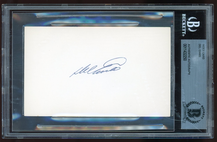 Del Ennis Signed 3" x 5" Index Card (Beckett/BAS Encapsulated)