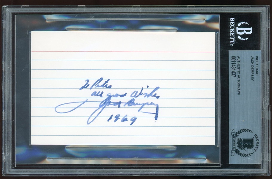 Jack Dempsey Signed & Inscribed 3 x 5 Index Card (Beckett/BAS Encapsulated)