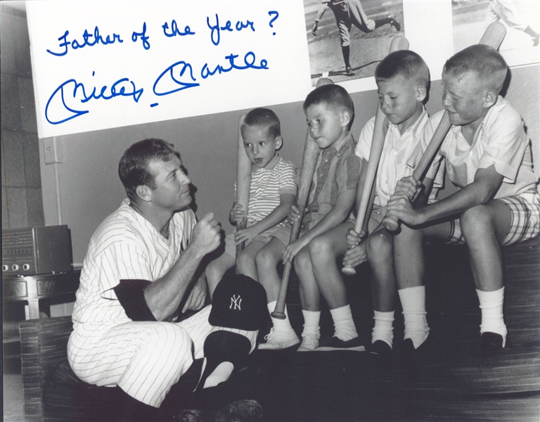 Mickey Mantle Signed 11 x 14 B&W Photograph with Unique Father of the Year? Inscription (Beckett/BAS GEM MINT 10 Auto)