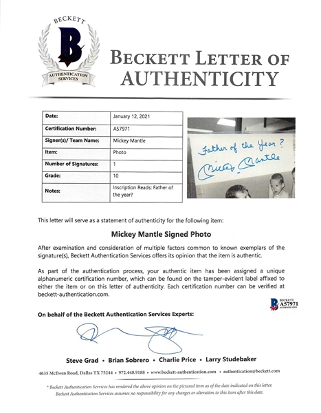 Mickey Mantle Signed 11 x 14 B&W Photograph with Unique Father of the Year? Inscription (Beckett/BAS GEM MINT 10 Auto)