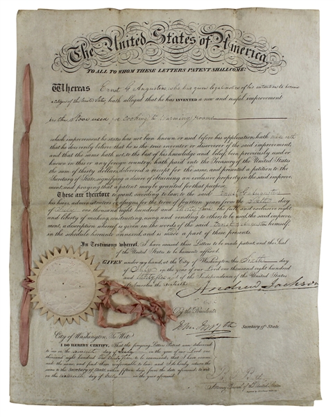 President Andrew Jackson Signed Patent Document for Improvements to The Stove (Beckett/BAS LOA)