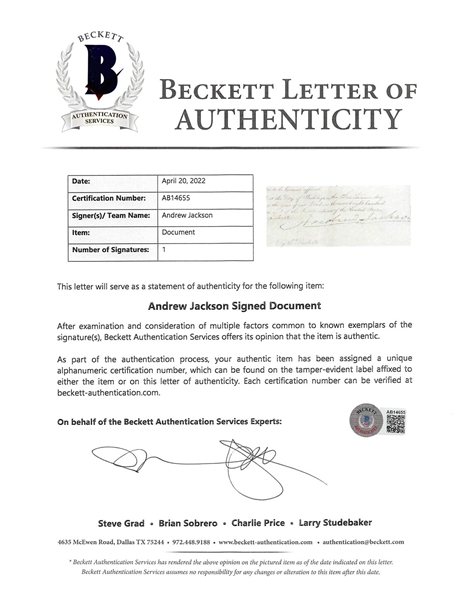 President Andrew Jackson Signed Patent Document for Improvements to The Stove (Beckett/BAS LOA)