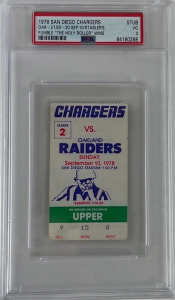 1978 Chargers VS. Raiders "Holy Roller" Game Ticket Stub (PSA/DNA Encapsualted)