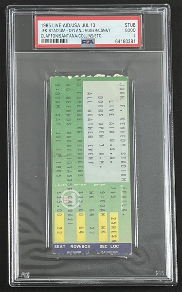 Original US 1985 Live Aid Ticket Stub @ JFK Stadium w/ Performers Dylan, Jagger, Santana, & More! (PSA/DNA Encapsulated)