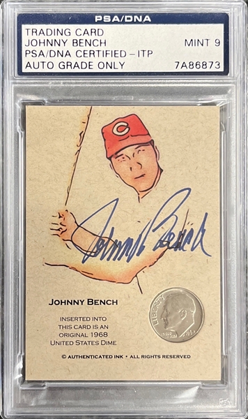 Johnny Bench Signed Trading Card w/ '68 Dime : Graded Auto Mint 9! (PSA/DNA Encapsulated)
