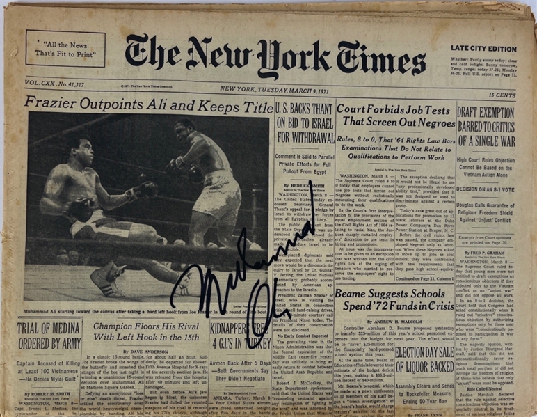 Muhammad Ali Signed "Frazier Outpoints Ali & Keeps Title" New York Times Newspaper (Beckett/BAS LOA)