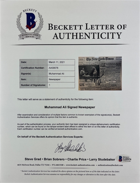 Muhammad Ali Signed Frazier Outpoints Ali & Keeps Title New York Times Newspaper (Beckett/BAS LOA)