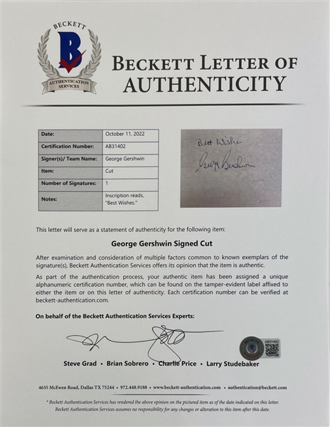 George Gershwin Signed & Inscribed 4 x 5.25 Cut (Beckett/BAS)