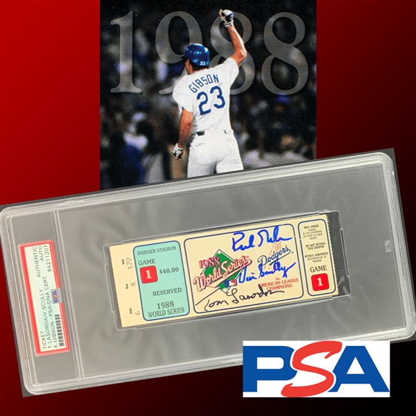 Scully, Lasorda & Gibson Signed 1998 L.A. Dodgers World Series Ticket :: Gibson Walk-Off HR Game! (PSA Encapsulated)