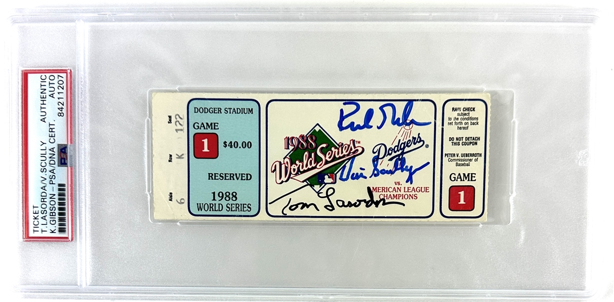 Scully, Lasorda & Gibson Signed 1998 L.A. Dodgers World Series Ticket :: Gibson Walk-Off HR Game! (PSA Encapsulated)