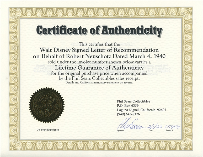 Walt Disney 1940 Impeccably Bold Typed Letter Signed (Phil Sears Disney Expert) (PSA Encapsulated) 