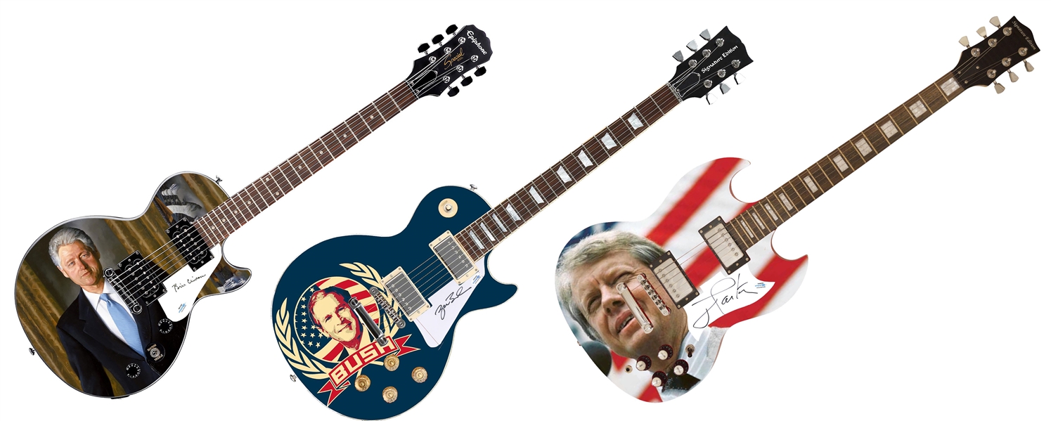 Lot of 3 Presidential Autographed Custom Graphic Guitar w/ Clinton, Bush, and Carter (ACOA)