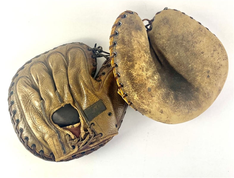 Set of 2: Vintage 1940s Leather Baseball Catchers Mitts, Mickey Owen !