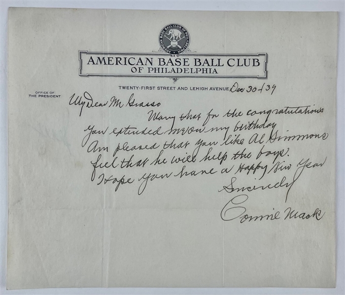 Connie Mack Signed & Handwritten Letter dated 12/30/1939 (Beckett/BAS)