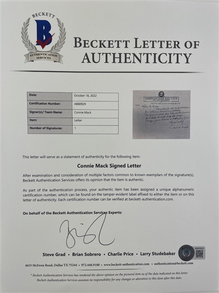 Connie Mack Signed & Handwritten Letter dated 12/30/1939 (Beckett/BAS)