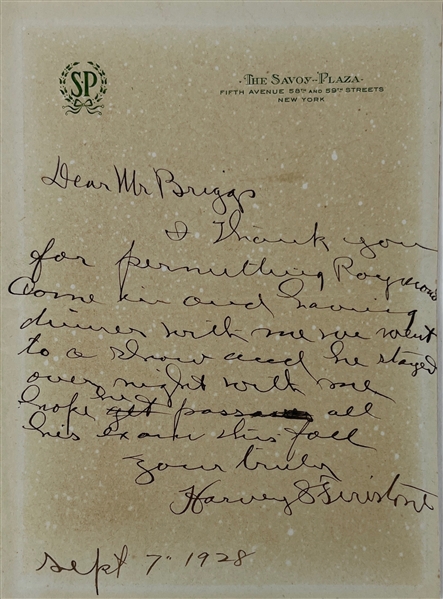 Harvey Firestone Signed 3 x 5 1928 ALS Letter on Savoy Plaza Letterhead (Beckett/BAS LOA)