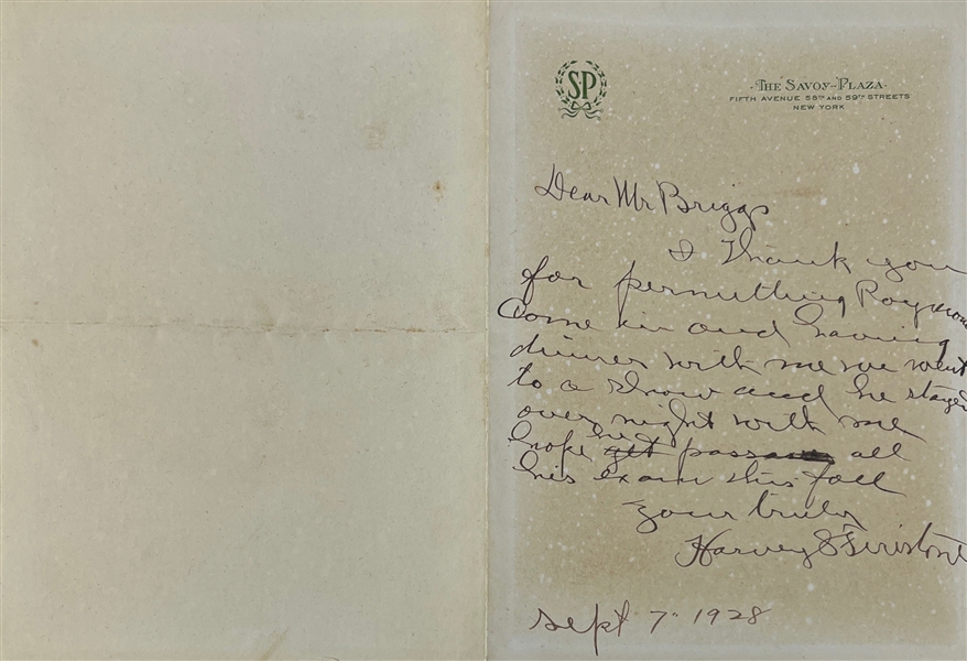 Harvey Firestone Signed 3 x 5 1928 ALS Letter on Savoy Plaza Letterhead (Beckett/BAS LOA)