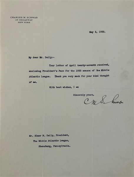 Charles M. Schwab Signed 1933 8.5" x 11" TLS on Personal Letterhead (Beckett/BAS LOA)