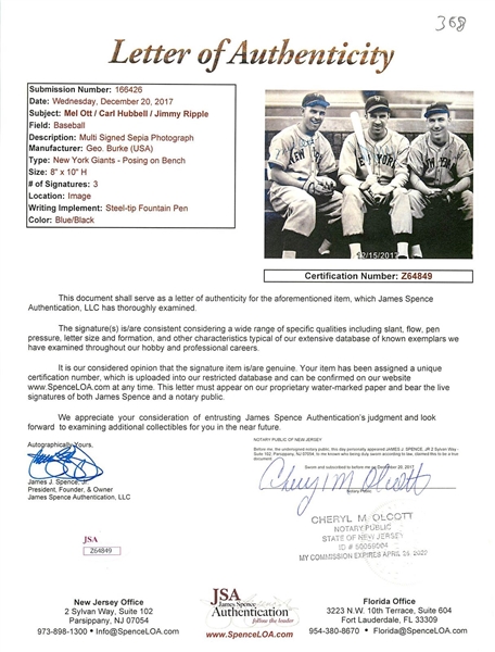 Giants Legends: Mel Ott, Carl Hubbell & Jimmy Ripple Signed 8 x 10 Type I George Burke Photograph (JSA)