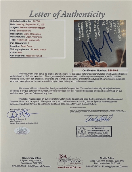 Arnold Schwarzenegger Signed Cigar Aficionado Magazine Cover in Custom Framing (JSA LOA)
