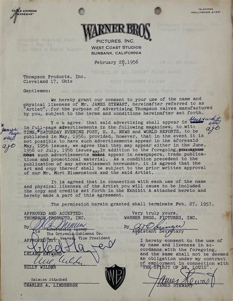 James Stewart Signed 8.5 x 11 Warner Bros Agreement (Third Party Guaranteed)
