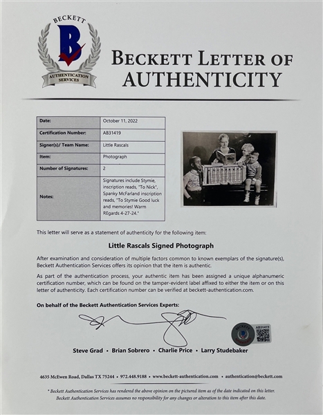 Little Rascals: Stymie & Spanky Signed 8 x 10 B&W Photo (Beckett/BAS)