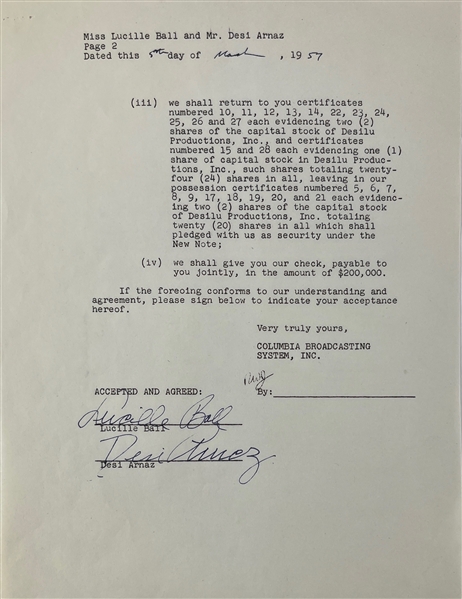 Lucille Ball & Desi Arnaz Signed 1957 CBS Contract (Beckett/BAS)(PSA ALOA)