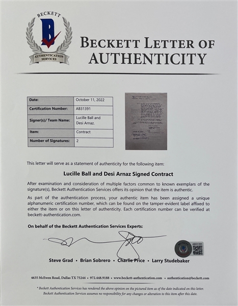 Lucille Ball & Desi Arnaz Signed 1957 CBS Contract (Beckett/BAS)(PSA ALOA)