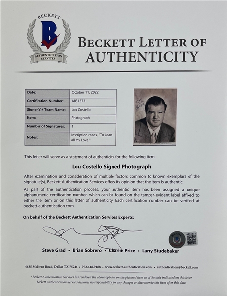 Lou Costello Signed & Inscribed 8 x 10 Photograph (Beckett/BAS LOA)